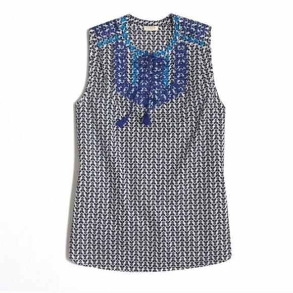 J Crew Embroidered Pri Ted Cotton Tank Top with Tie Tassel Size 00 - Picture 2 of 8